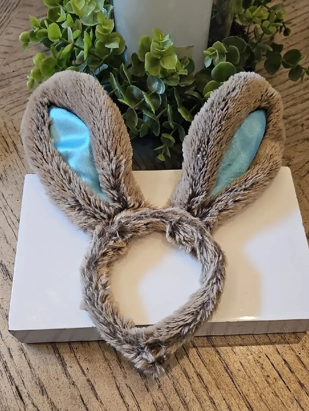 Plush Bunny Ear Headband for Kids - Light Brown with Blue Lining